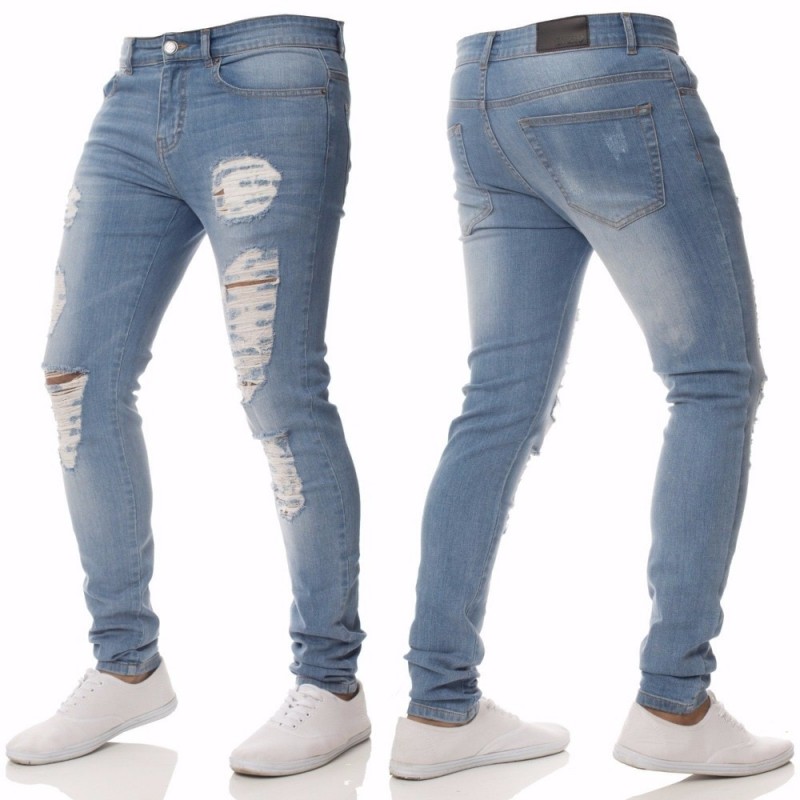 Calças Jeans Skinny Masculinas Com Pés Rasgados