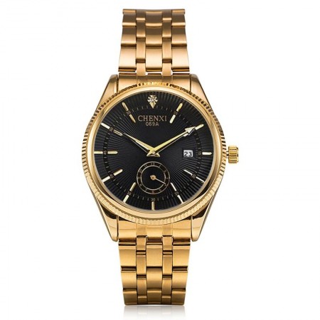 Watch Luxury Men's Elegant Gold Golden Black Quartz