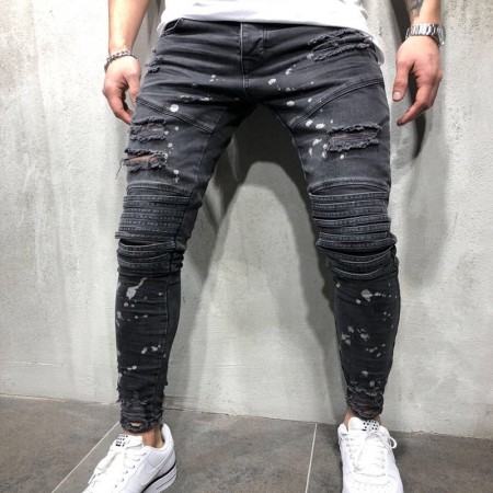 Men's Jeans Gray Torn Skinny Style Splash Jeans