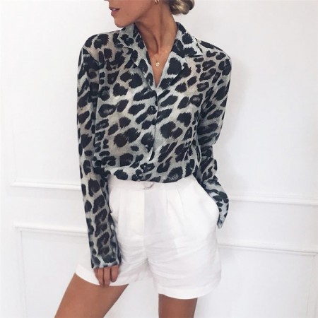 Women's Blouse Long Sleeve Printed Leopard Ounce Painted