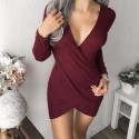 Women Short Dress Long Sleeve V Neckline Sexy