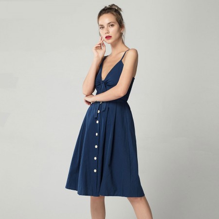 Vestido Feminino Degote V Estilo Senhoras Meio Comprido Botões