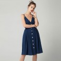 Vestido Feminino Degote V Estilo Senhoras Meio Comprido Botões