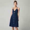 Vestido Feminino Degote V Estilo Senhoras Meio Comprido Botões