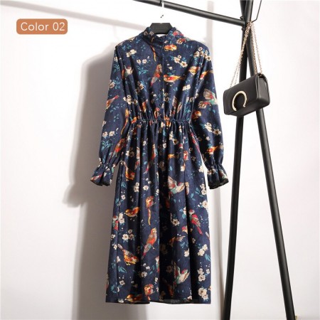 Vestido Florido Feminino Manga Longa Estampado Listrado