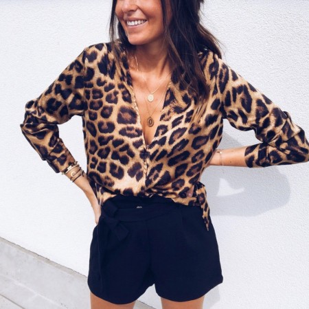 Women's Printed Opaque Leopard Blouse Very Sexy