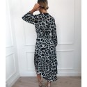 Vestido Midi Feminino Estampado Leopardo Manga Longa