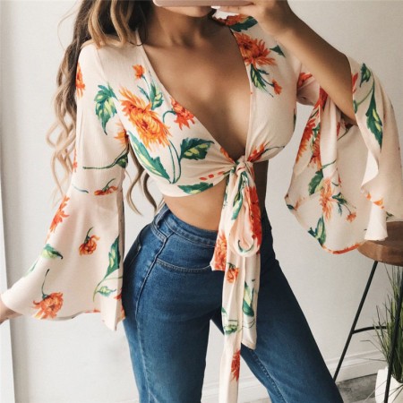 Floral Cropped blouse with lace tied on belly Flare long sleeve