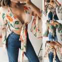 Floral Cropped blouse with lace tied on belly Flare long sleeve