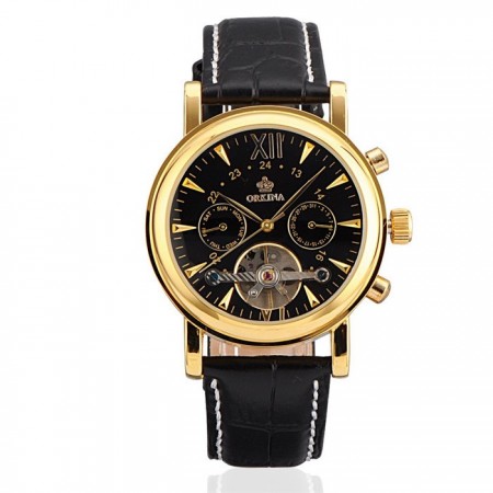 Relógio Elegante Preto Dourado Luxo Masculino em Couro Automático