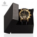 Relógio Elegante Preto Dourado Luxo Masculino em Couro Automático