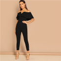 Stylish women's jumpsuit with Deconte V shoulder Ruffle fashion Social Black