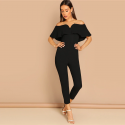 Stylish women's jumpsuit with Deconte V shoulder Ruffle fashion Social Black