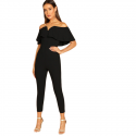 Stylish women's jumpsuit with Deconte V shoulder Ruffle fashion Social Black