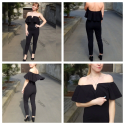 Stylish women's jumpsuit with Deconte V shoulder Ruffle fashion Social Black