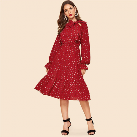 Women's bohemian medium long sleeve polka dot Dress