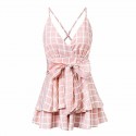 Women's Boemio pink checkered jumpsuit with short lace and neckline