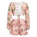 Macacao Feminino Floral Chiffon Manga Longa Tecido Leve e Solto