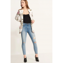 Blazer Feminino Branco Floral Manga Longa Casual Básico