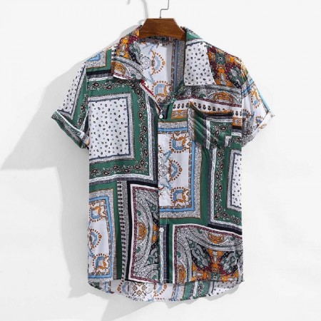 Camisa Masculina de Botão Manga Curta Estampa Boemia em Algodão