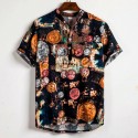 Camisa Masculina Manga Curta Estampada Moda Verão Floral Preta