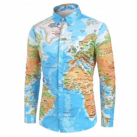 Shirt pattern Map Mundi long sleeve Geek style Nerd Green geography