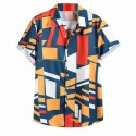 Camisa Geometrica Abstrata Colorida Manga Curta Tecido Fino Masculina