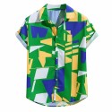 Camisa Geometrica Abstrata Colorida Manga Curta Tecido Fino Masculina