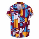 Camisa Geometrica Abstrata Colorida Manga Curta Tecido Fino Masculina