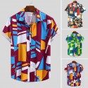 Camisa Geometrica Abstrata Colorida Manga Curta Tecido Fino Masculina