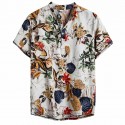 Camisa Manga Curta de Botão Floral Tropical Férias de Verão Casual
