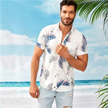 Hawaiian button Floral Fashion beach Men's white shirt