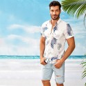 Camisa Branca Masculina Floral Moda Praia de Botão Havaiana