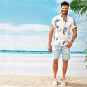 Camisa Branca Masculina Floral Moda Praia de Botão Havaiana