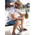 Camisa Branca Masculina Floral Moda Praia de Botão Havaiana