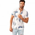 Camisa Branca Masculina Floral Moda Praia de Botão Havaiana