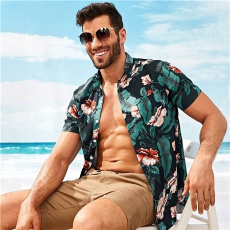 Camisa Floral Bananeira Preto e Verde Masculina Havaiana Manga Curta