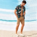 Camisa Floral Bananeira Preto e Verde Masculina Havaiana Manga Curta