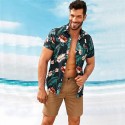 Camisa Floral Bananeira Preto e Verde Masculina Havaiana Manga Curta