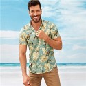 Camisa Floral Dourada Masculina Manga Curta Confortável em Algodão