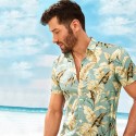 Camisa Floral Dourada Masculina Manga Curta Confortável em Algodão