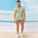 Camisa Floral Dourada Masculina Manga Curta Confortável em Algodão