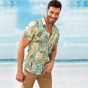 Camisa Floral Dourada Masculina Manga Curta Confortável em Algodão