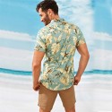 Camisa Floral Dourada Masculina Manga Curta Confortável em Algodão