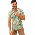 Camisa Floral Dourada Masculina Manga Curta Confortável em Algodão