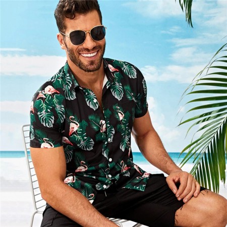 Camisa Preta Masculina Estampada Florida Manga Curta de Botão