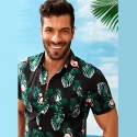 Camisa Preta Masculina Estampada Florida Manga Curta de Botão