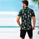 Camisa Preta Masculina Estampada Florida Manga Curta de Botão