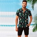 Camisa Preta Masculina Estampada Florida Manga Curta de Botão