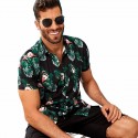 Camisa Preta Masculina Estampada Florida Manga Curta de Botão